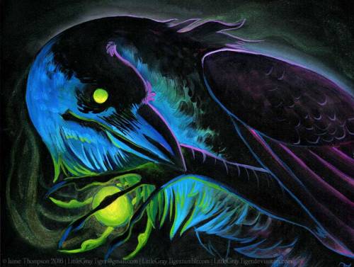 “Keeper” -  My corvid demi god handling a ball of green fire; acrylic on hardboard panel. It uses ex