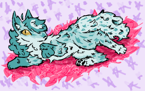 a silvery blue vixen laying down on a pink fluffy thing with her front paw and a back leg lifted in the air slightly. the fox has yellow eyes and long hair. her hair, front paws, and spots scattered across her body are a darker color, while her jaw, neck, underbelly, back paws and tail are a lighter color. she has a cut on her ear. the background is light purple with purple stars