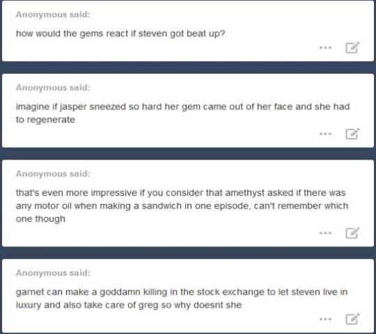 Lots of anon answers under the cut! If you don’t see your question answered here, it’s probably because I answered it in my shiny new FAQ!Yes, I’ve seen that before. It would take some extra effort, but I could probably make a group chat if I wanted