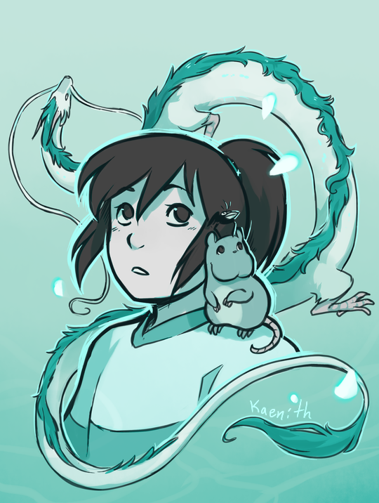 A drawing of characters from the movie Spirited Away. Chihiro is in the center, with a mouse and a tiny bird on her shoulder. The dragon Kohaku is coiled around them and through the background.