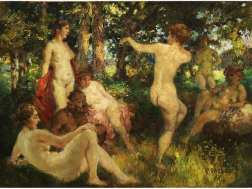 Paul Paede (1868–1929)Pan between Lying and Dancing Naked Nymphs in the Park