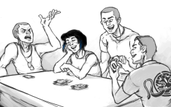 dragonzair:  Commission for Amy, who asked for the Weis and Mako since there aren’t enough of it AT ALL. It’s like the triplets never existed. So I drew them playing UNO. Cheung’s livid because Mako’s put down her third Draw Four card. Jin and