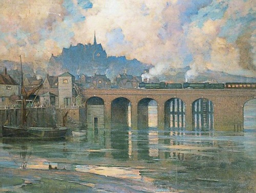 Bertram Priestman (1868 - 1951) - Folkestone, Kent, Boat Train. 1932. Oil on canvas.