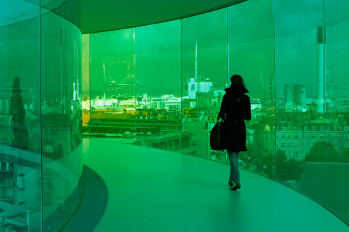 red-lipstick:  Olafur Eliasson (Danish-Icelandic) - Your Rainbow Panorama is a permanent installation on the rooftop of the ARoS Museum in Aarhus, Denmark completed in 2011.