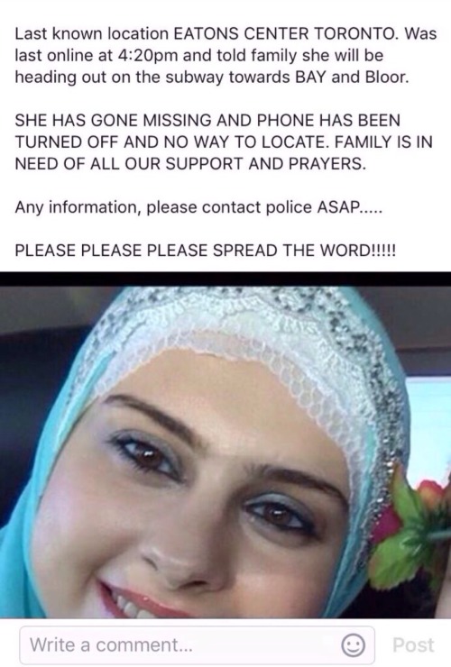 thecalmwithin:She’s a family friend, and has gone missing. Her name is Zainab. Please, please pray