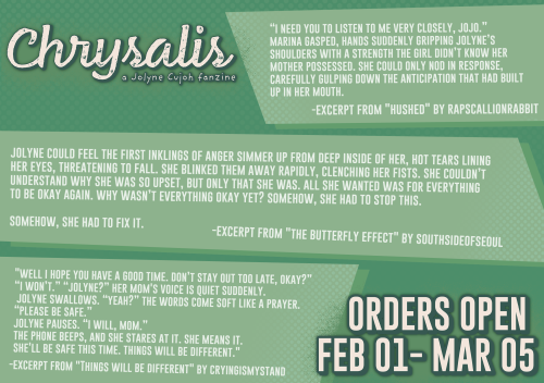 3 days left until orders open for “Chrysalis”, a Jolyne Cujoh fanzine! These evocative e