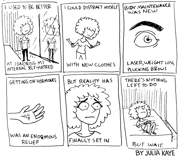 Hello! My autobio test post went over well, so I think I’m gonna start posting more alongside gag strips here. How’s that sound?
I’ve been making daily autobio strips about my transition for over 5 months now. This strip is from May 7th, 2016. I’d...