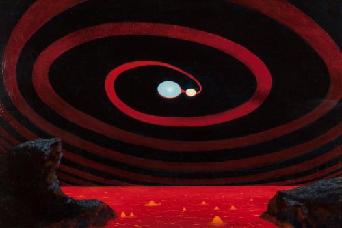 humanoidhistory:Doublestar System: Beta Lyrae by Chesley Bonestell, 1978.