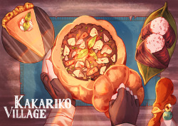 4threset:   Meals put together based on villages and towns i n Breath of The Wild. I have plans to sell these as small A6 prints in my store very very soon so stay tuned! Feel free to follow me on Twitter as I’m more active there and I post a lot more