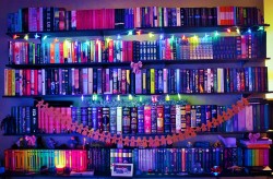 acrossmyfictionaluniverse:  readthebloodybook:  I Christmasified my bookshelves :)  my goodness, they look so great!! 