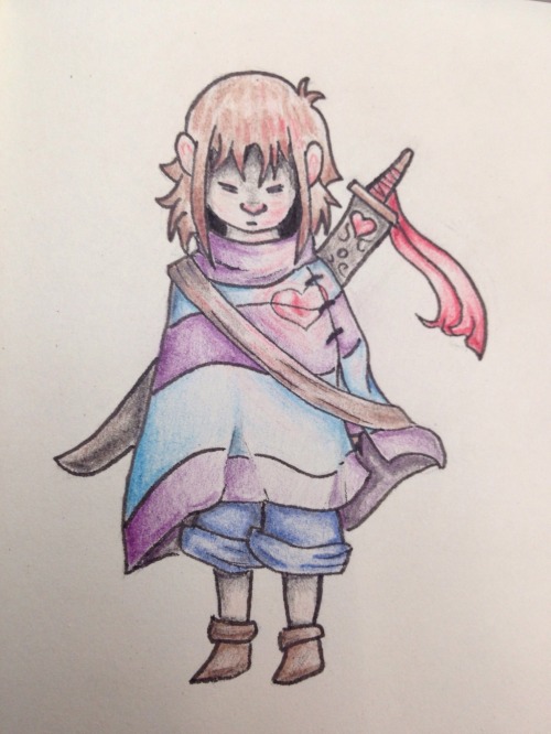 Drew some kind of warrior frisk.just started with a person with a cloak and slowly got corrupted by 