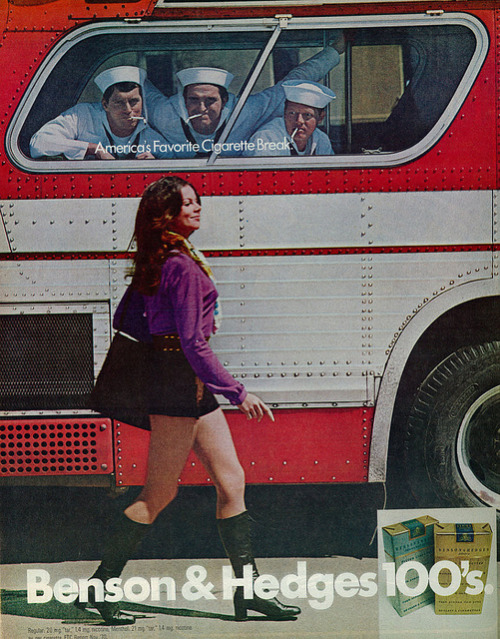 louxosenjoyables: 1971 Benson &amp; Hedges 100’s Ad, Girl &amp; Sailors on a Bus by cl