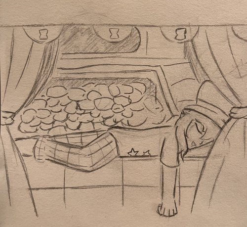 Hat Kid is sleeping in their bed, dressed in pajamas and with their hat flopped on their head. The background shows her bedroom, the pillow pile and a window out to space.
