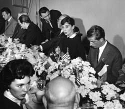 rareaudreyhepburn:  Donald O’Connor, Marlon Brando, Frank Sinatra, Cecil B. DeMille, Audrey Hepburn, and Barbara Rush attend a dinner given by Paramount for Prince Albert of Belgium during his visit to Hollywood, 1955. 
