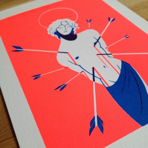 I made a new screenprint illustration!! St Sebastian / A5 / 2 colours (blue+FLUO RED) available in v