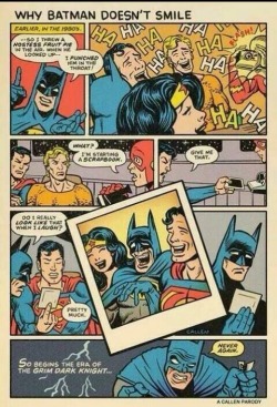daily-superheroes:  Why Batman never smileshttp://daily-superheroes.tumblr.com/ 
