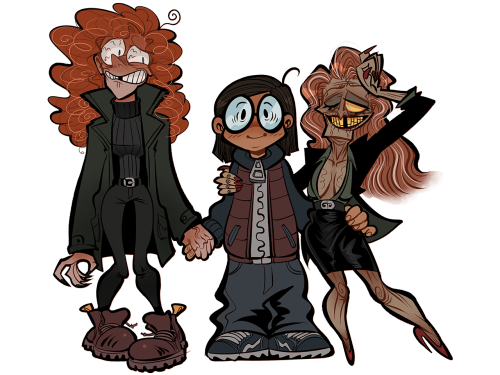 tempural:Full color character sheet of my spider gorlz: Harriet, Piper, and thotty milve Norma.&nb