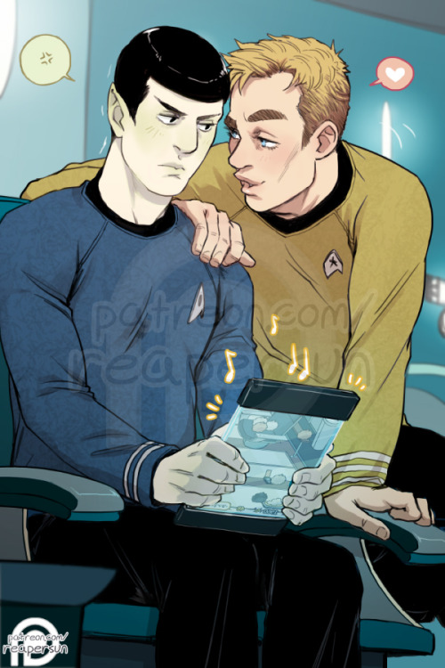 Support me on Patreon! => Reapersun@PatreonRead Tribble Tershausu on AO3 by belladonnaq (G)@ icanthelpbutrunwithscissors prompt:AOS Kirk playing neko atsume, Spock feigning disinterest, and Kirk catching him play it :3—Jim motioned with his hand