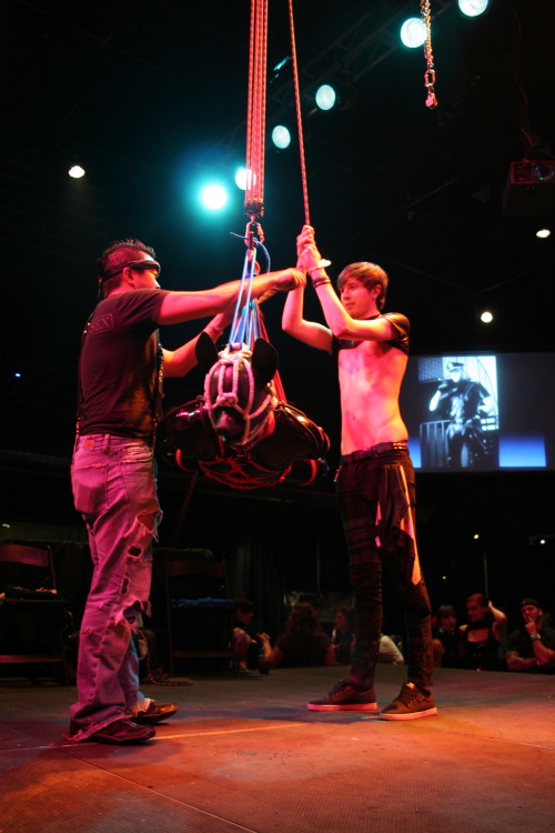 herrenoslaven:  liondogari:  Rubber puppy rope suspension at Exile Fetish Ball 2014, Denver. Awesome set by the awesome That Kind of Orc Ropes by tygeryoshi.   Så skulle vara skönt att vara bunden för huvudet :) när man ska flyga :) 