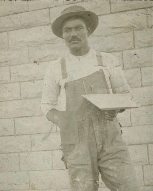 formfollowsfunctionjournal: Henry Durr, working with mortar, early 1900s #vintageworkwear #vintageov