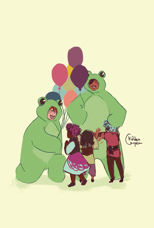 [ID: 6 doodled genshin Impact fanarts with Kaeya and Childe in big green frog costumes. Some of them