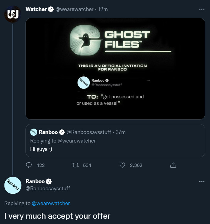 Ranboo accepting Watcher's offer to be on Ghost Files in a tweet