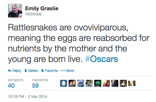 edwardspoonhands:  thebrainscoop:  ICYMI my live-tweeting of the Oscars tonight 