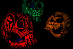 goblinsandghouls:  lemmielem:  Halloween is coming my sweet babies! Get some sweet custom skulls at my etsy shop!  What I wouldn’t give to have a blacklight and some blacklight reactive paint. I would go to town on that shit. &gt;3 