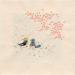 annieseoart:  Embroidered piece of a couple enjoying the spring blossoms. 