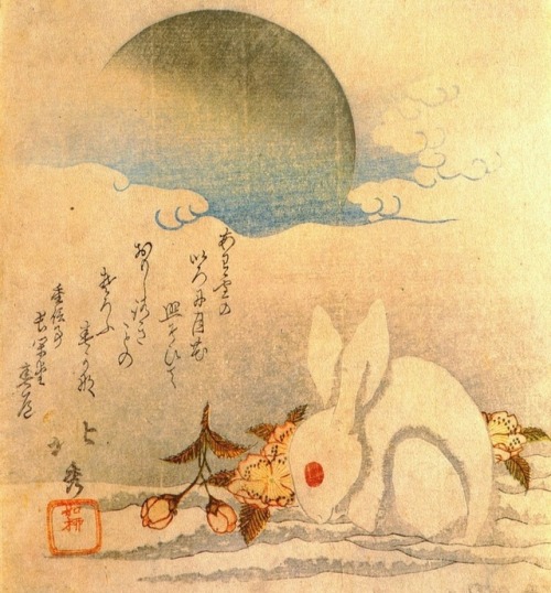 fujiwara57: SURIMONO  摺物 : “Moon; White Hare in Snow” by Taisosai Hokushu  (Ja