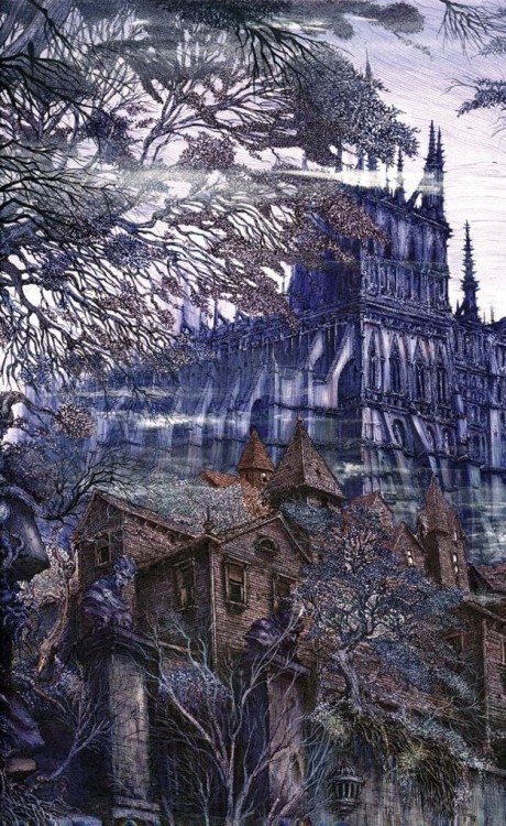 Ian Miller (British, b. 1952, England) - Section / Arkham, 1990s, from the HP Lovecraft story.  Draw