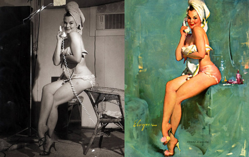 lipstickstainedlove: vintagegal: Model poses and the finished paintings of Gil Elvgren Its not ju