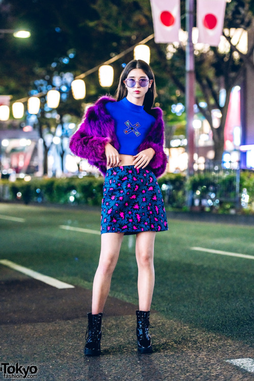 15-year-old Japanese model Jaycee on the street in Harajuku wearing a vintage purple faux fur jacket