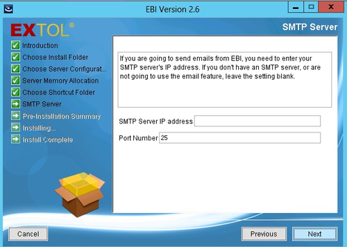 EXTOL Business Integrator 2.6 Server Install SMTP server set-up configuration