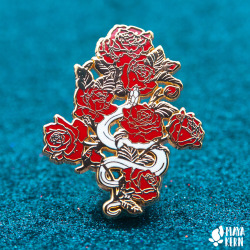 mayakern:mayakern:  the other color variants of my Hiss From a Rose enamel pin have arrived!you can now get this pin with red or black roses in gold metal or red roses with black metal! store.mayakern.com   the black and red hiss from a rose pin has been