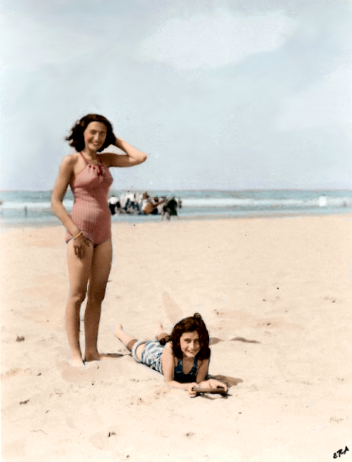 the-bird-suit:nikolaevnas:Anne and Margot Frank at the beach, 1940.Colorization by me, original phot
