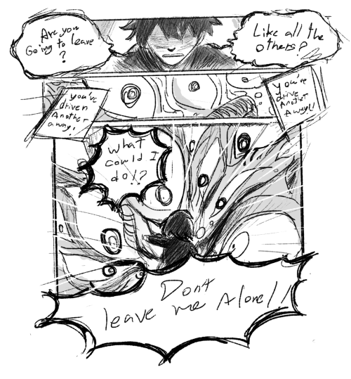 A sketchy black and white comic. The first panel is the profile of a boy, his face downcase wtih shadows covering his eyes. His text boxes outline are very sketchy: Are you going to leave? Like all the others? The second panel are of the fleshy wall with multiple eyes and metal pipe on them, the eyes are blown wide in shock. The text boxes are in rectriangle to indicate that the sound is heard through the speaker: You've driven another away! You've driven another away! The last panel are of the same flesh walls with multiple eyes peering down on the girl and they shout with sketchy text boxes: What could I do! Don't leave me alone!