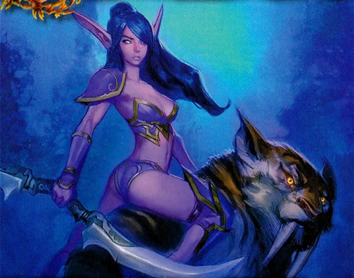 close up textless art from card of "Huntress" from World of Warcraft CCG showing a purple skinned dark elf in a purple lingerie set sitting on top of a sabretooth tiger, she's holding a curved sword and sitting on it in a boobs and butt pose, her butt facing the audience viewpoint and her torso turned 180 degrees so we can also see both breasts