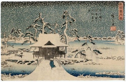 lilacsinthedooryard:Utagawa Hiroshige  (Japan,1797- 1858)Snow at Benzaiten Shrine in Inokashira Pond