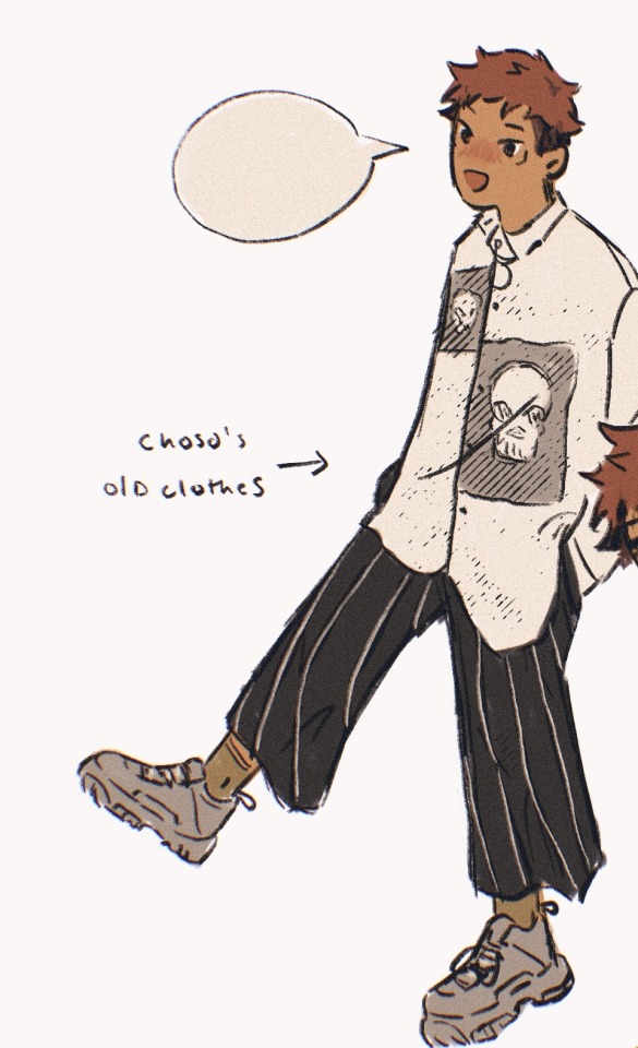 yuuji stands with his hands in his pockets, leaning forward slightly with one leg extended. he's smiling and there's an empty speech bubble next to him. he's wearing an oversized white button-up with two skulls on it, black flowy pants with white stripes, and chunky platform sneakers. an arrow points to him and says "choso's old clothes".