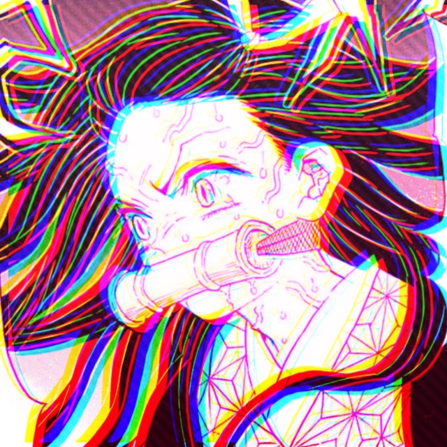 a manga icon of nezuko from demon slayer. it has a pink overlay. she looks to the left in a fit of fury. veins are popping out and she drools and sweats. her hair stands on end. anrgy expression