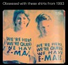 nerdyqueerandjewish:nerdyqueerandjewish:[image id: screenshot of tweet that says “obsessed with these shirts from 1990” and shows a photo of two people wearing shirts that say “we’re here, we’re queer, we have e-mail” in all capital letters.