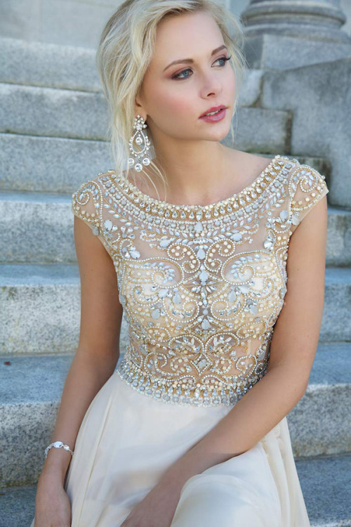 womenlovefashion: 2014 Prom Dress Scoop A Line Floor Length Beaded Tulle Bodice With Chiffon Skirt&n