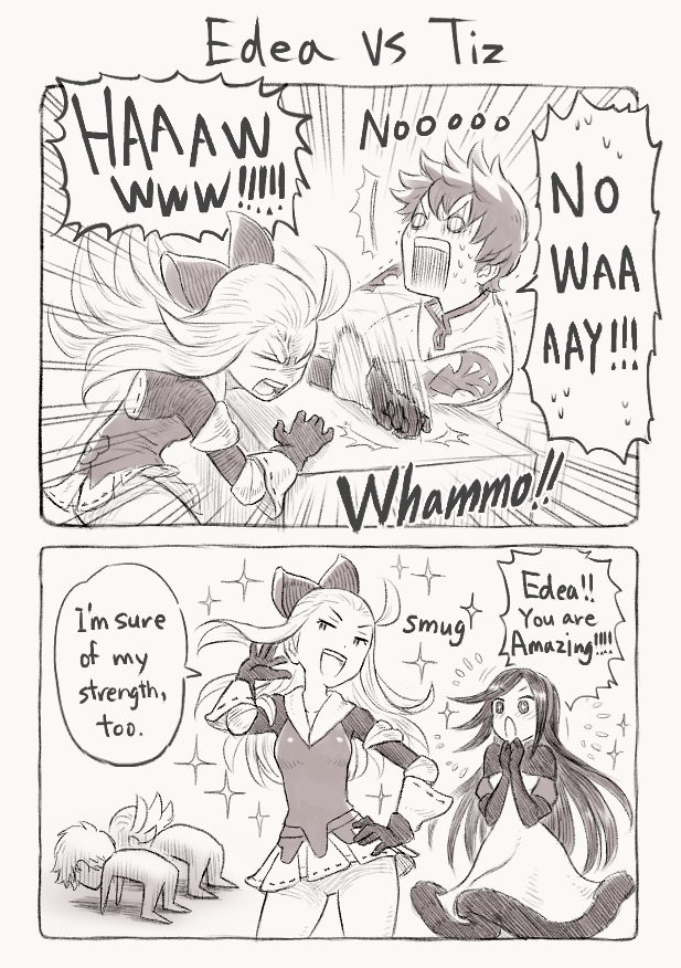 satokivi-bdff:  Arm wrestling :DI’m interested in their STR status about Edea&gt;Tiz&gt;Ringabel&gt;Agnès.