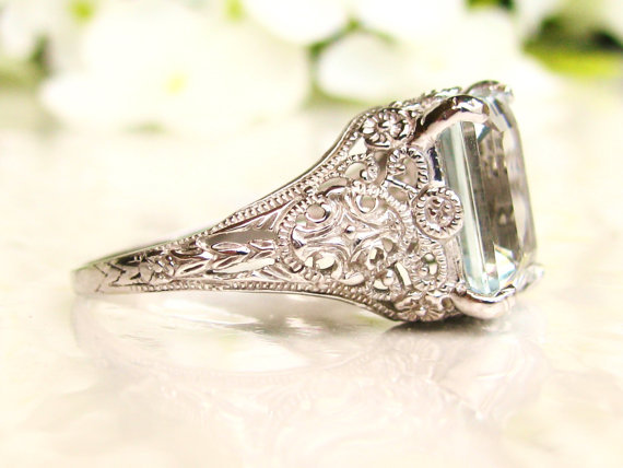 ringscollection:  Vintage Aquamarine Engagement Ring 3.79ct Emerald Cut Aquamarine