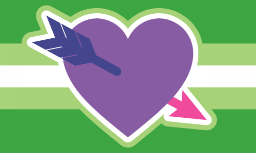 A bi version of the Cupid's aro pride flag. The heart and arrow in the center are pink, purple, and blue.