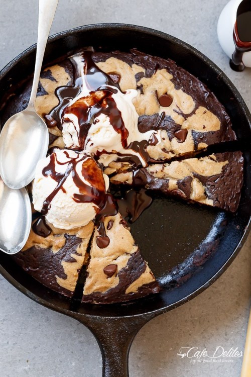 sweetoothgirl:CHOCOLATE CHIP COOKIE MARBLED SKILLET BROWNIE