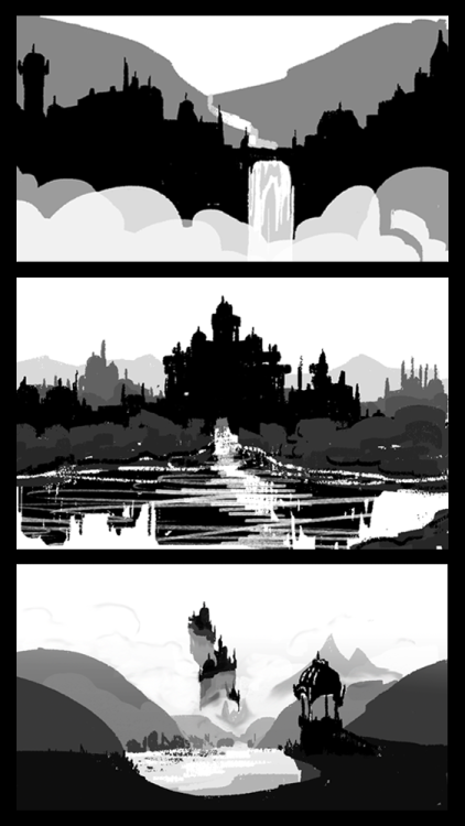 Spent some time noodling away at some environment thumbnails for my third year film pitch. I really 
