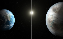 mermadesings:  greenekangaroo:  rixwilson:    Nasa has found a twin Earth orbiting a star like the Sun in the Milky Way. Kepler 452b - which has been dubbed Earth 2.0 - is six billion years old, has a 385 day year and orbits its star at the same distance