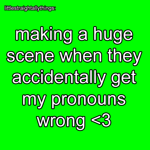 littlestraightallythings:   [text reads: making a huge scene when they accidentally get my pronouns 